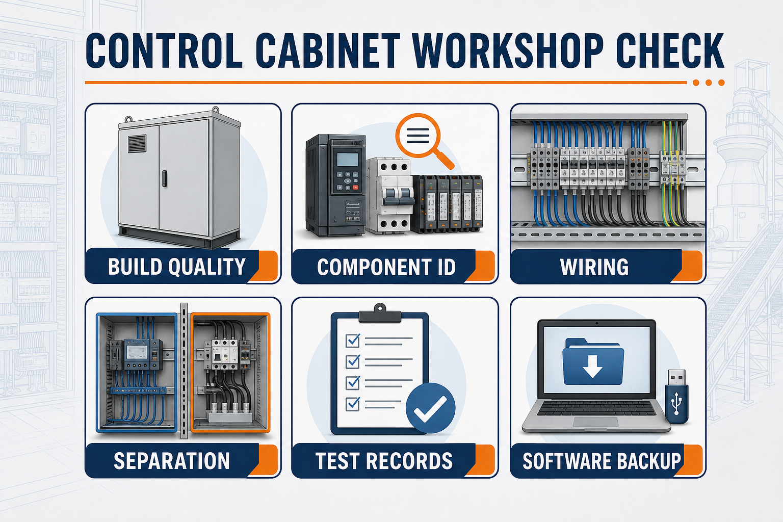 Six-point inspection checklist for a pellet control cabinet workshop